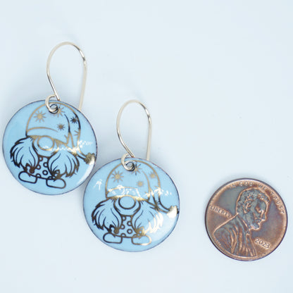 Gold Gnomes on Light Blue Enamel Disc Earrings