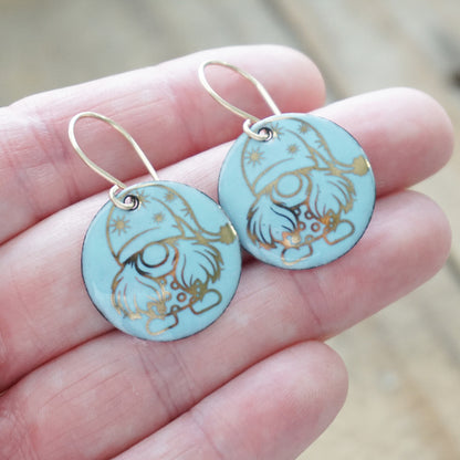 Gold Gnomes on Light Blue Enamel Disc Earrings