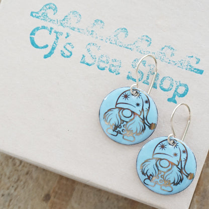 Gold Gnomes on Light Blue Enamel Disc Earrings