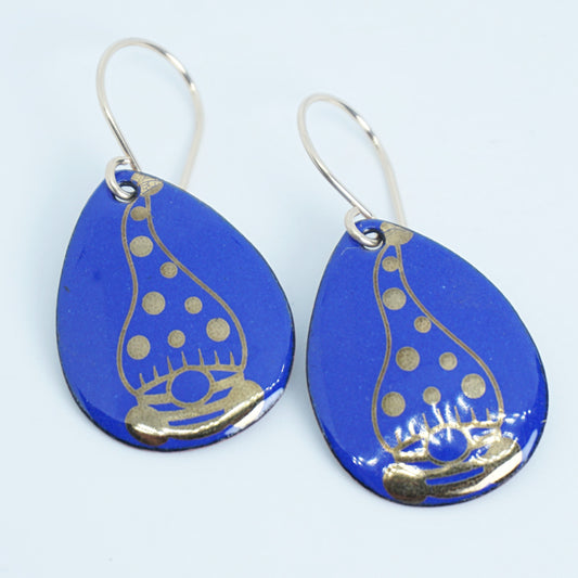 Gold Gnomes on Cobalt Blue Enamel Teardrop Earrings