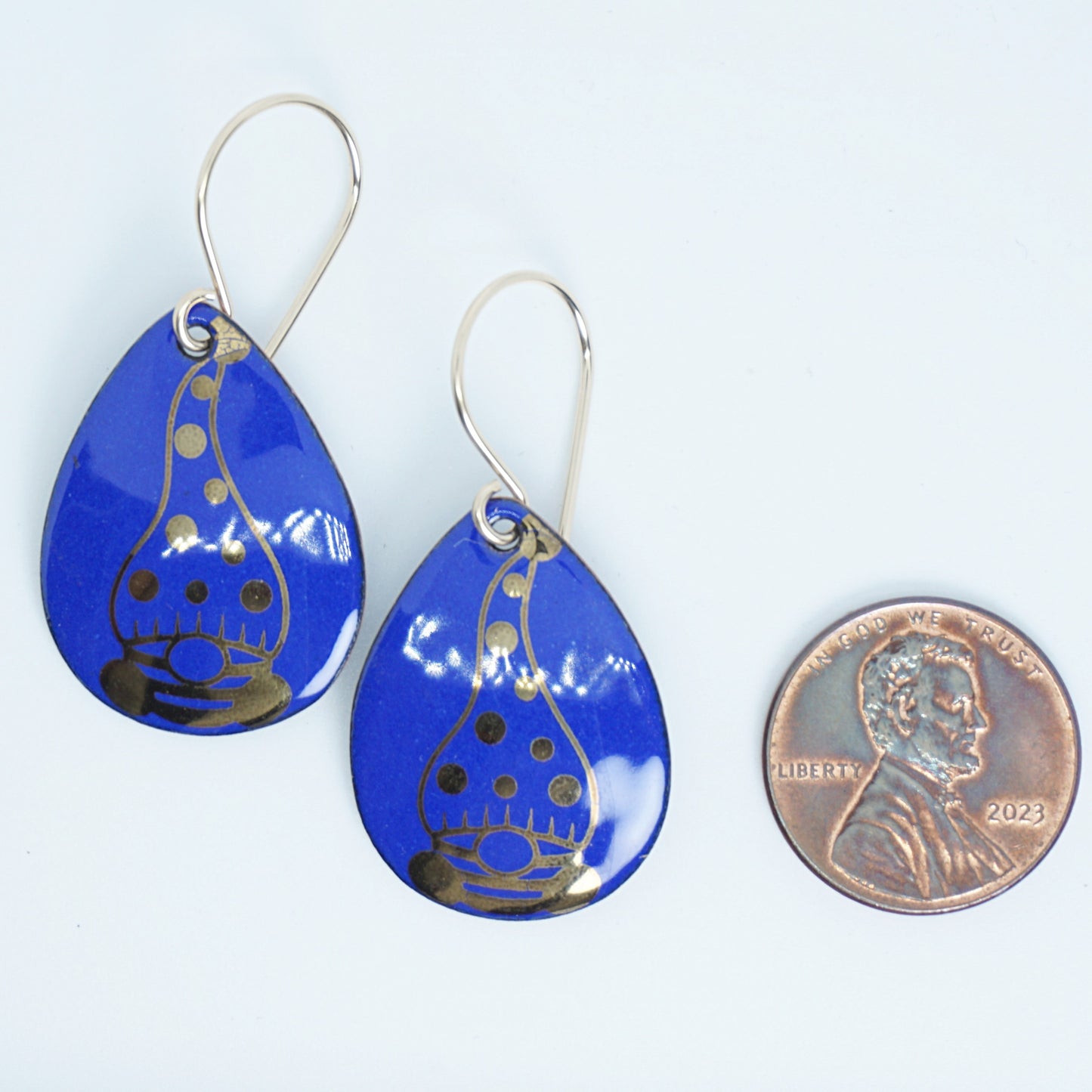 Gold Gnomes on Cobalt Blue Enamel Teardrop Earrings