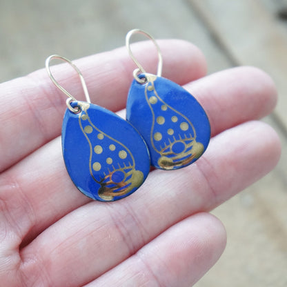 Gold Gnomes on Cobalt Blue Enamel Teardrop Earrings