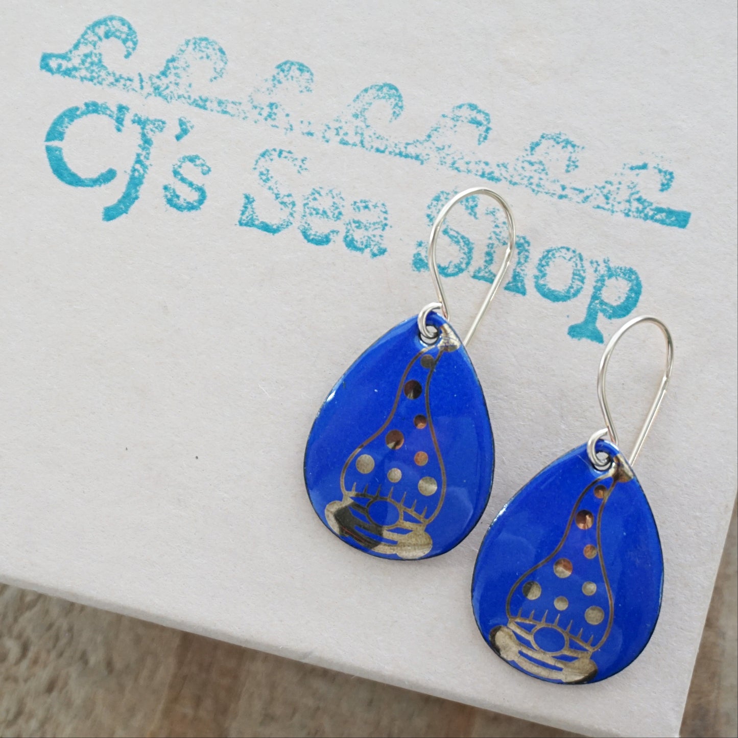 Gold Gnomes on Cobalt Blue Enamel Teardrop Earrings