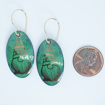 Gold Gnomes on Green Enamel Oval Earrings