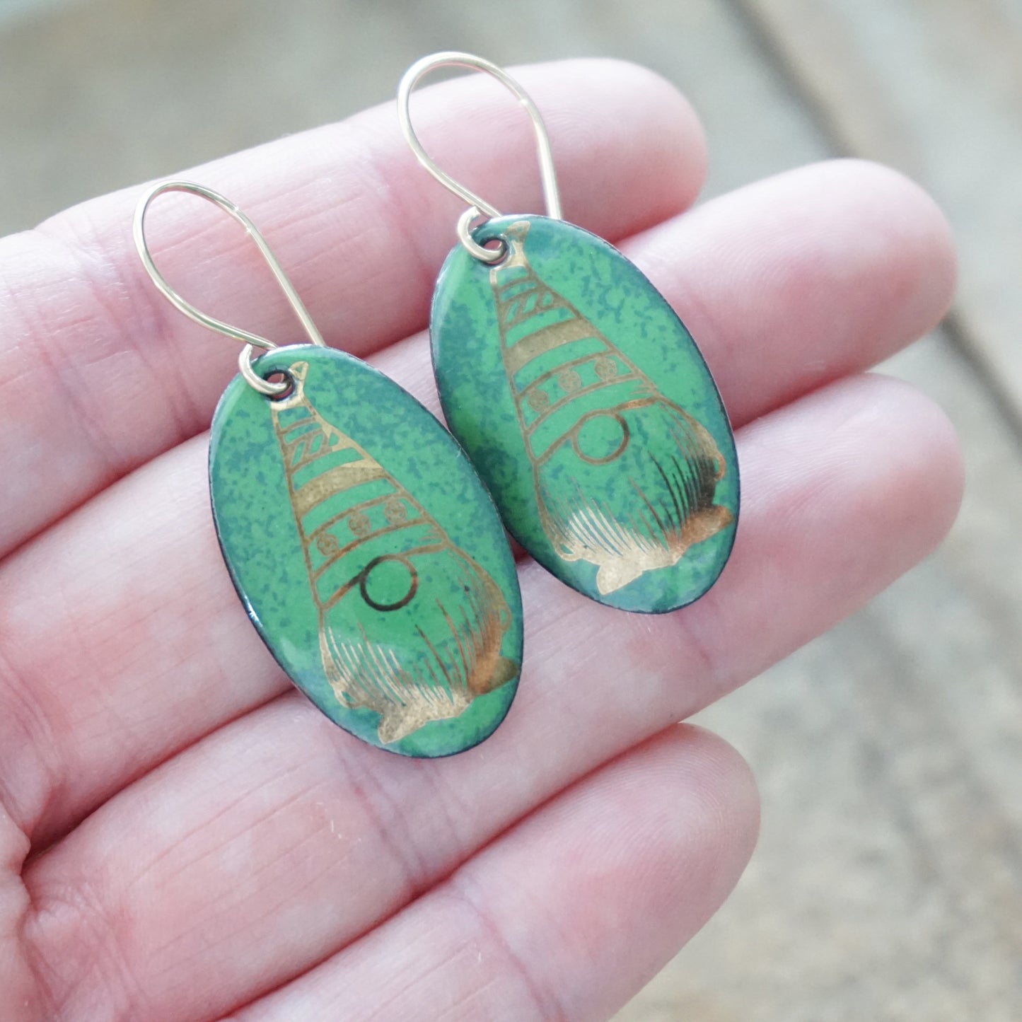 Gold Gnomes on Green Enamel Oval Earrings