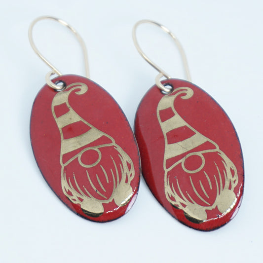 Gold Gnomes on Red Enamel Oval Earrings