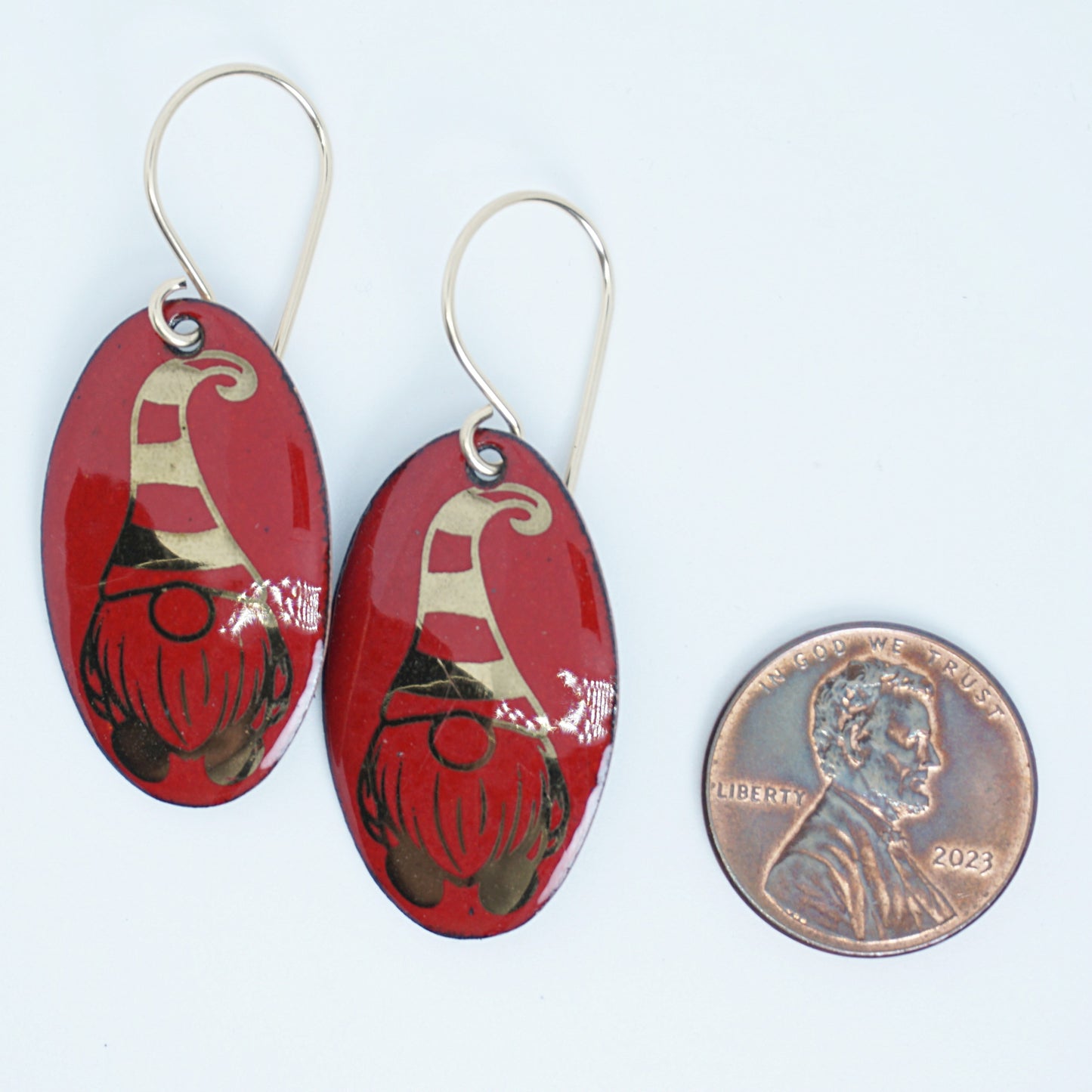 Gold Gnomes on Red Enamel Oval Earrings