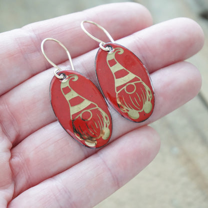 Gold Gnomes on Red Enamel Oval Earrings