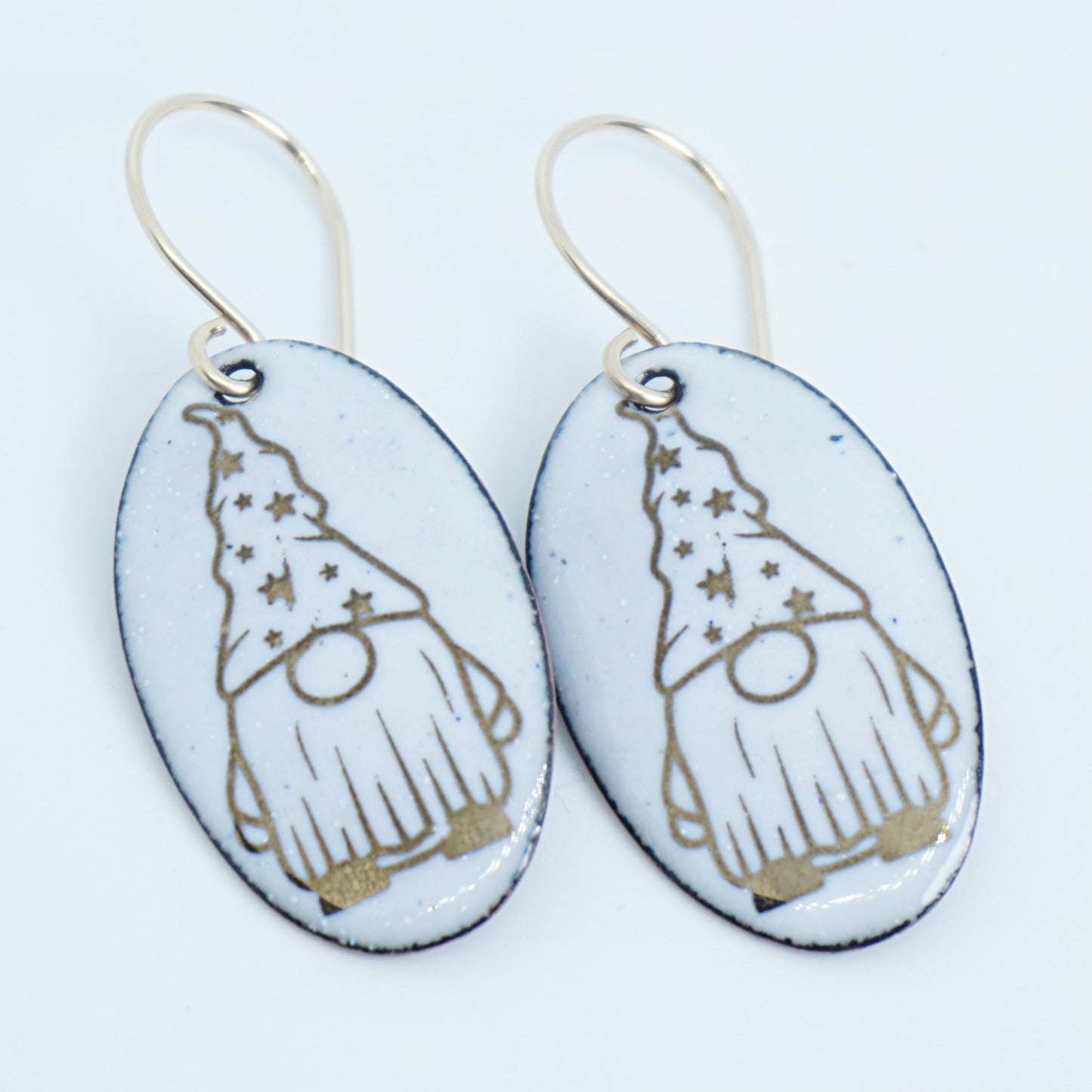 Gold Gnomes on White Enamel Oval Earrings