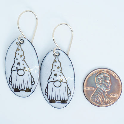 Gold Gnomes on White Enamel Oval Earrings