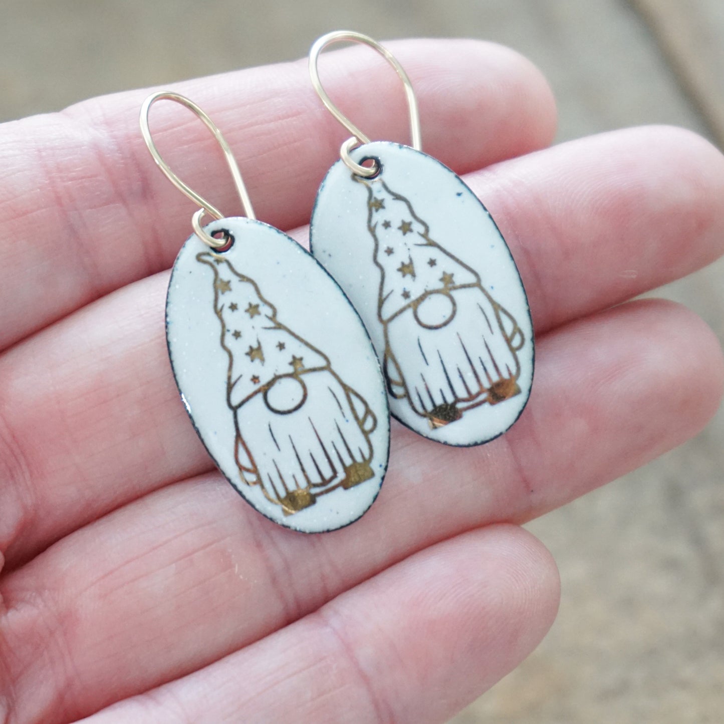 Gold Gnomes on White Enamel Oval Earrings