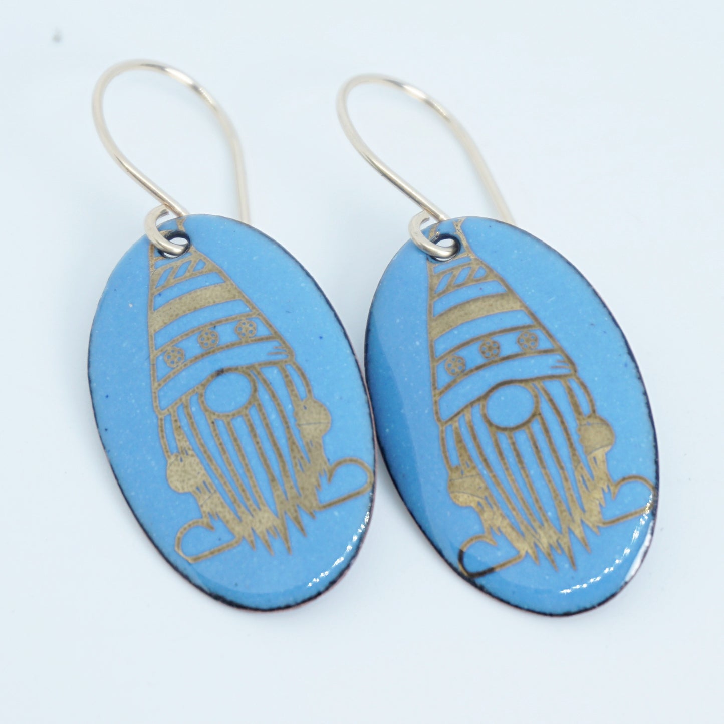 Gold Gnomes on Blue Enamel Oval Earrings