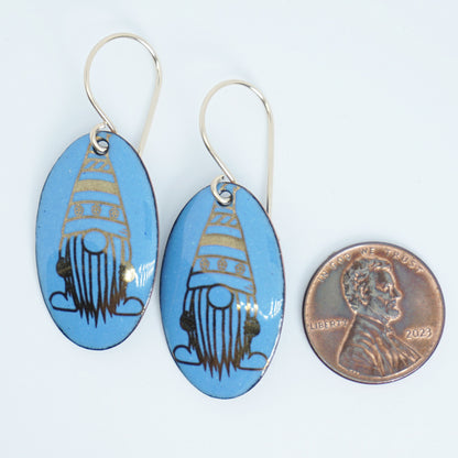 Gold Gnomes on Blue Enamel Oval Earrings