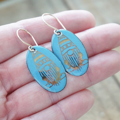 Gold Gnomes on Blue Enamel Oval Earrings