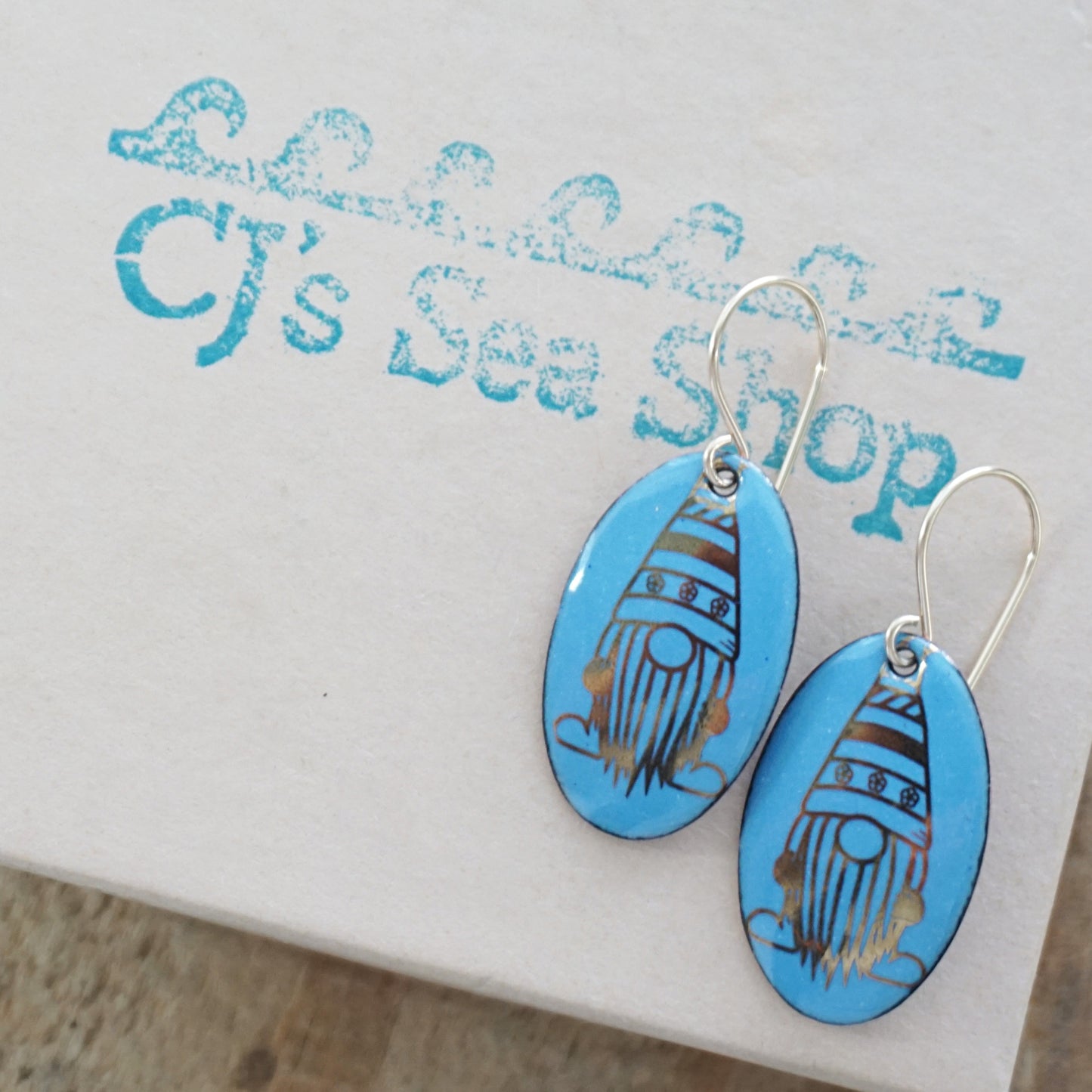 Gold Gnomes on Blue Enamel Oval Earrings