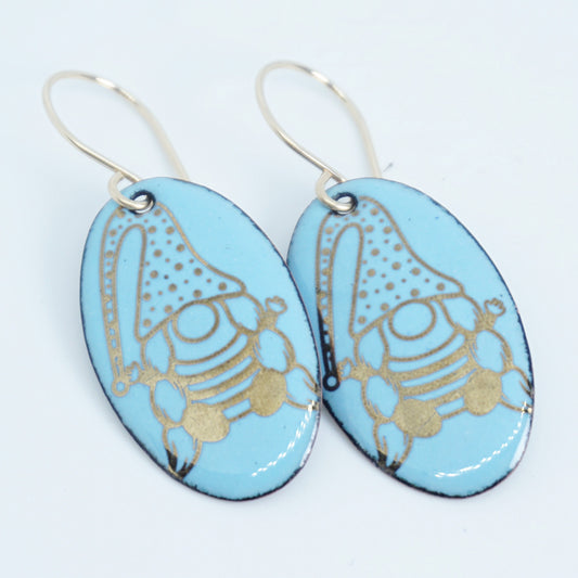 Gold Gnomes on Light Blue Enamel Oval Earrings