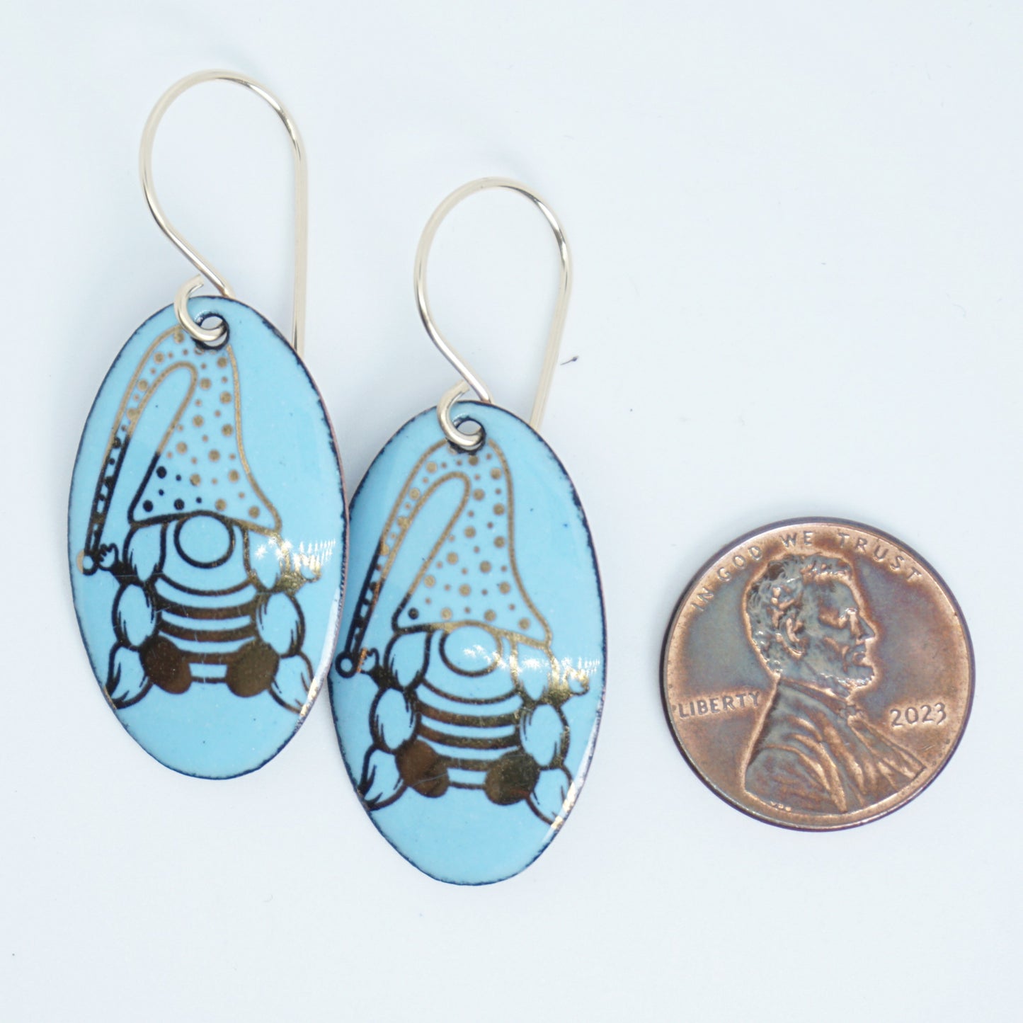 Gold Gnomes on Light Blue Enamel Oval Earrings