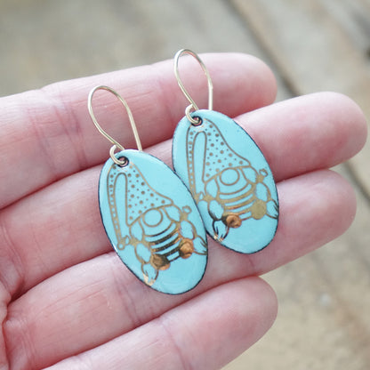 Gold Gnomes on Light Blue Enamel Oval Earrings