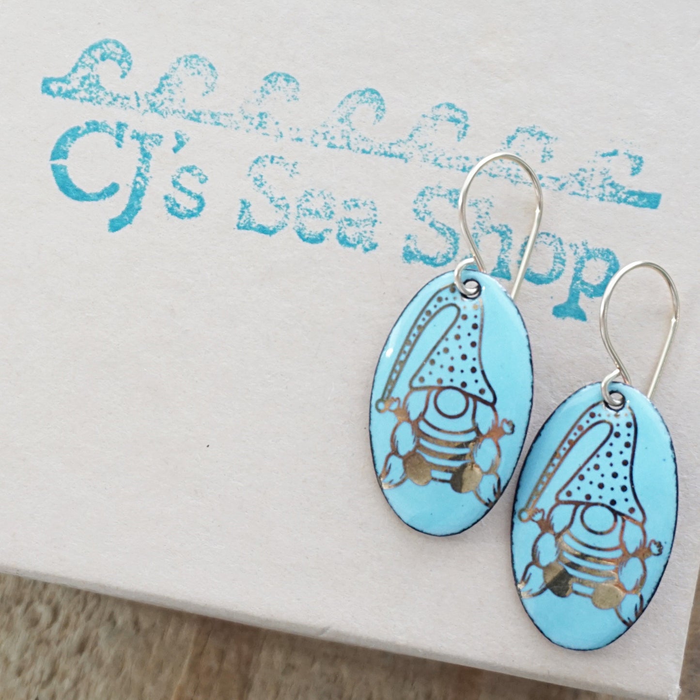 Gold Gnomes on Light Blue Enamel Oval Earrings