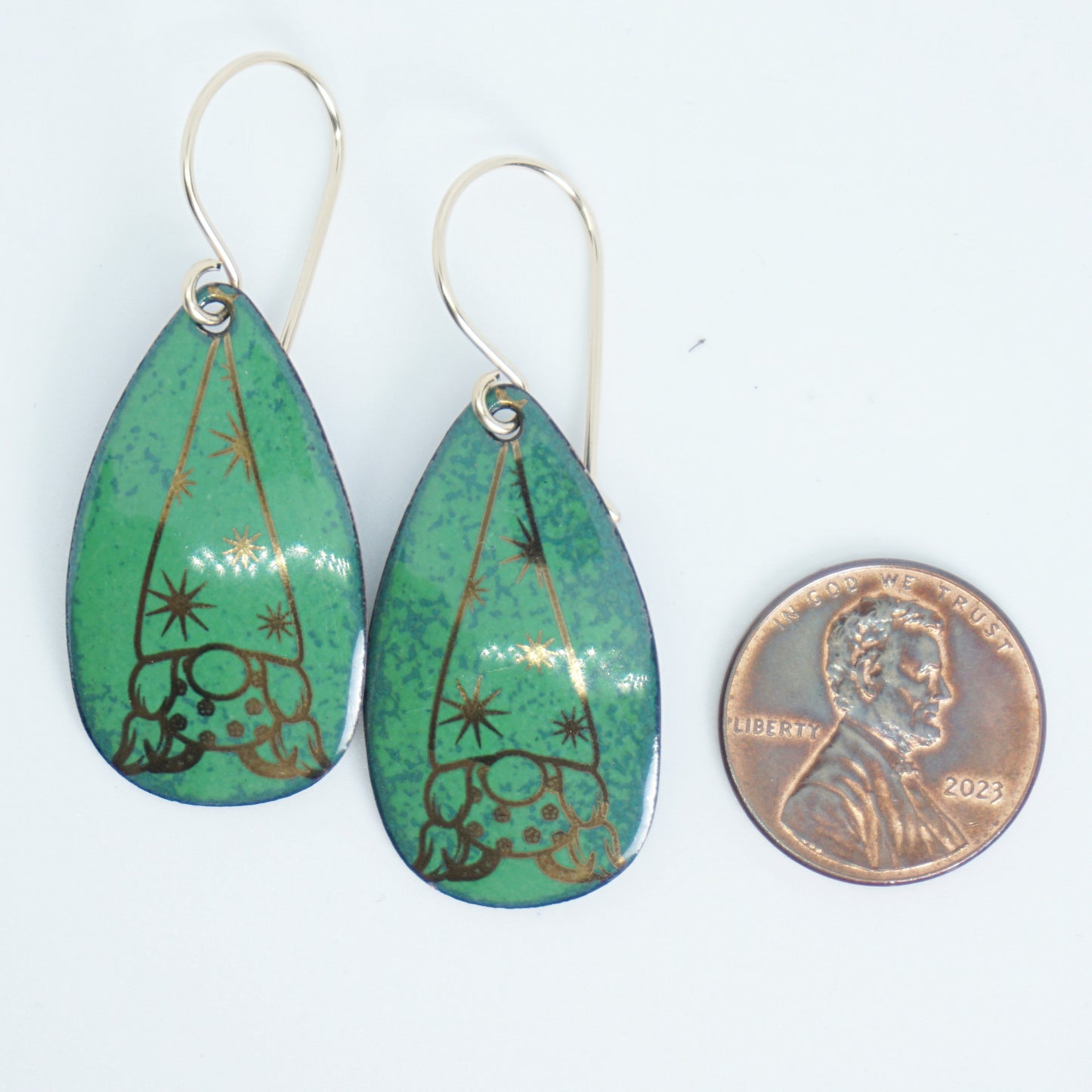 Gold Gnomes on Green Enamel Teardrop Earrings