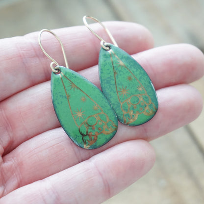 Gold Gnomes on Green Enamel Teardrop Earrings