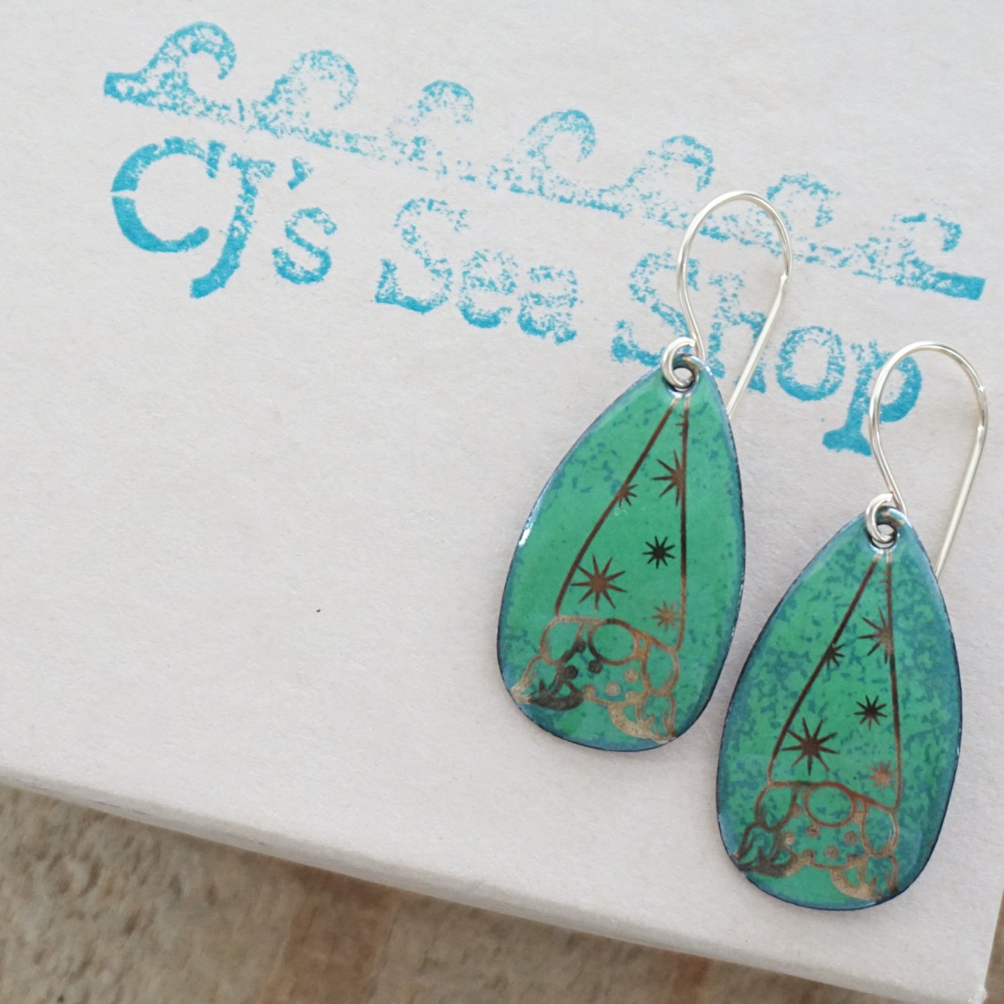 Gold Gnomes on Green Enamel Teardrop Earrings