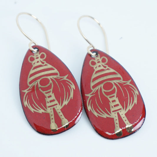 Gold Gnomes on Red Enamel Teardrop Earrings