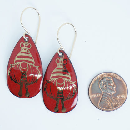 Gold Gnomes on Red Enamel Teardrop Earrings