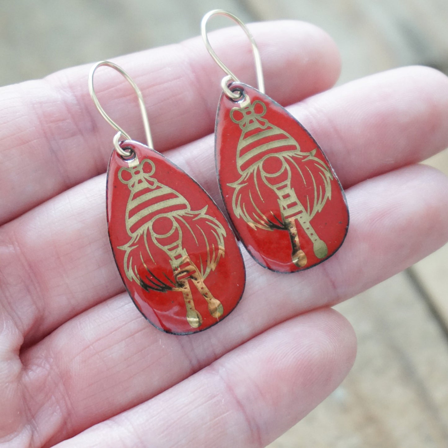 Gold Gnomes on Red Enamel Teardrop Earrings