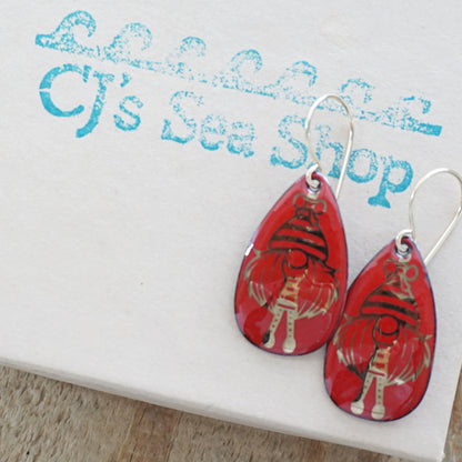 Gold Gnomes on Red Enamel Teardrop Earrings