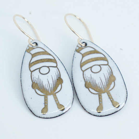 Gold Gnomes on White Enamel Teardrop Earrings