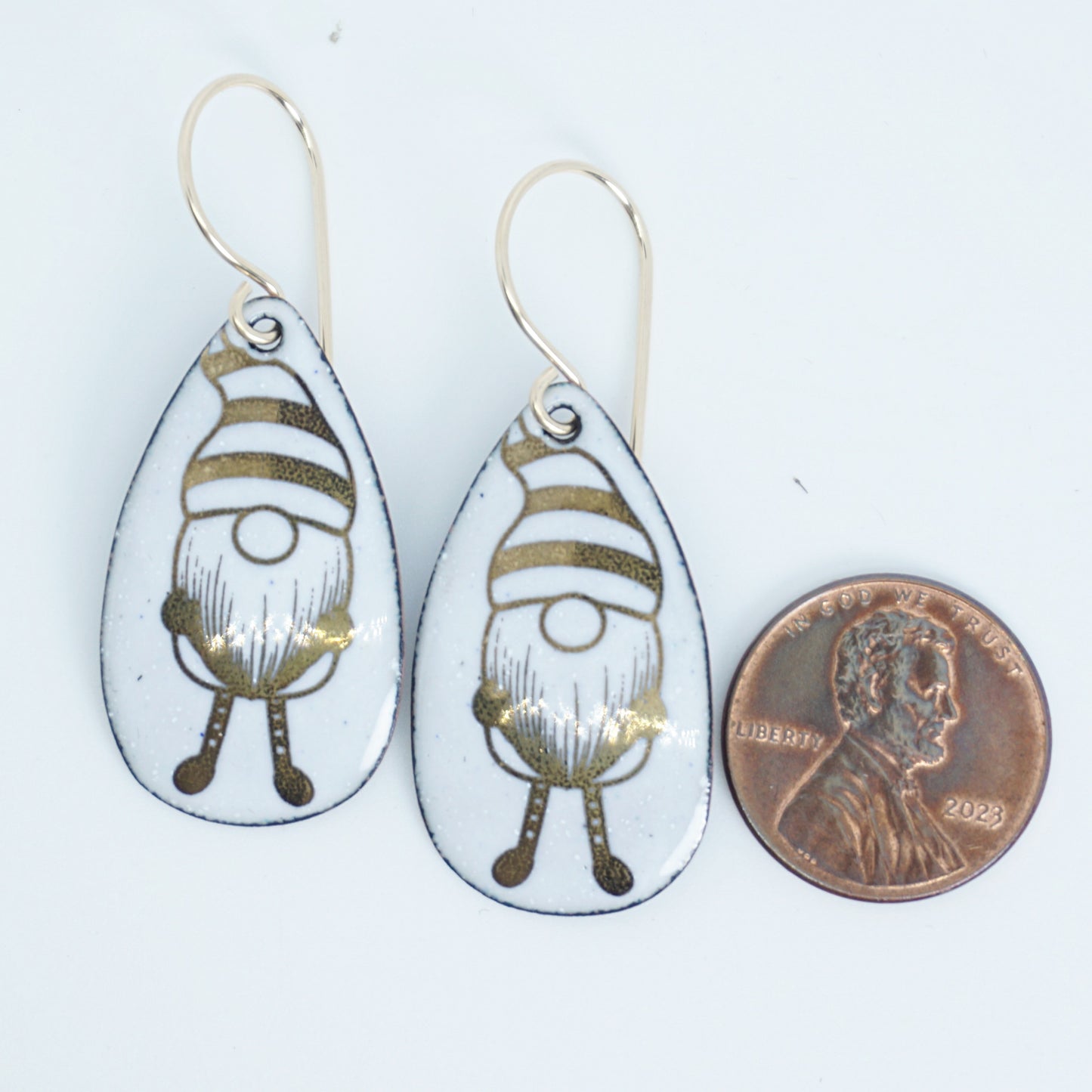 Gold Gnomes on White Enamel Teardrop Earrings