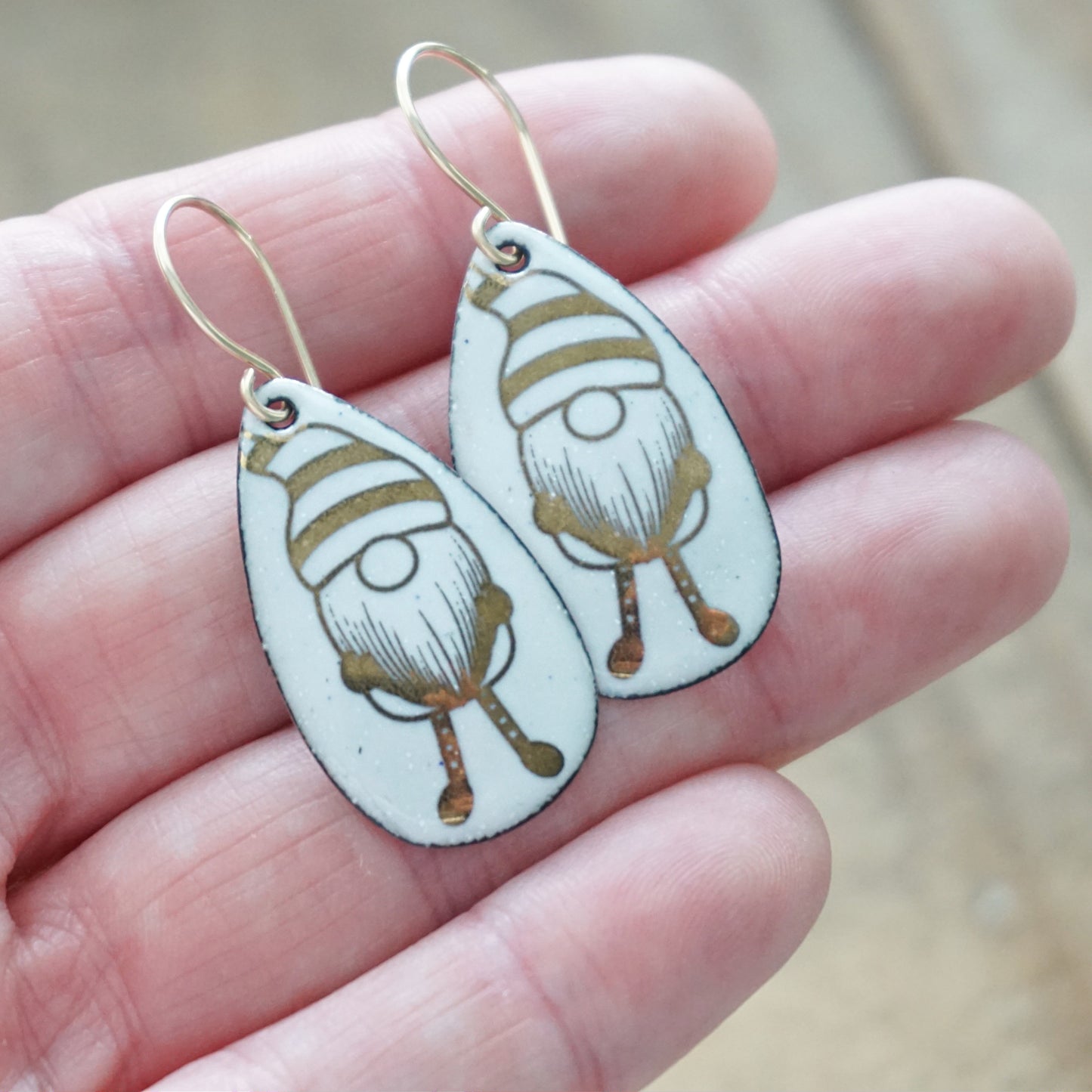 Gold Gnomes on White Enamel Teardrop Earrings