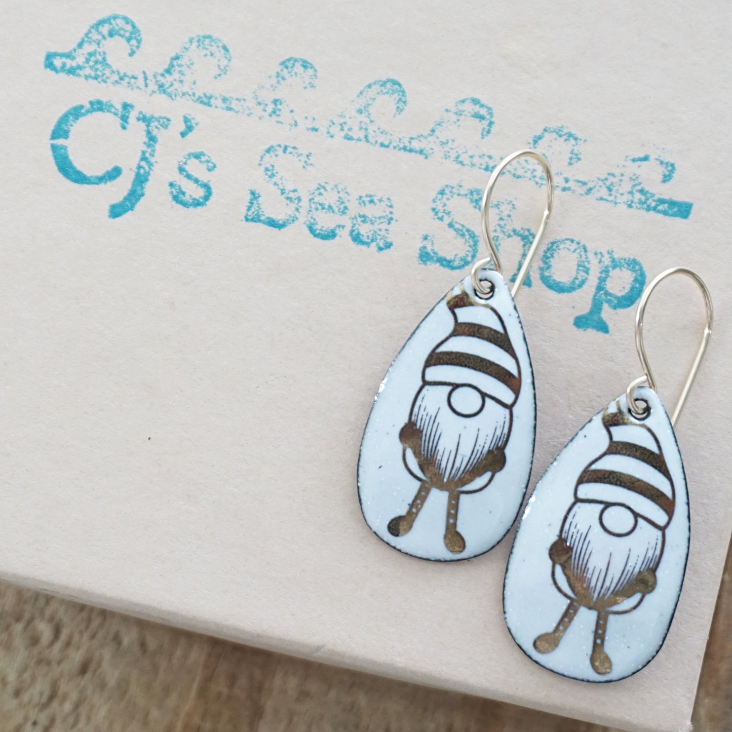 Gold Gnomes on White Enamel Teardrop Earrings