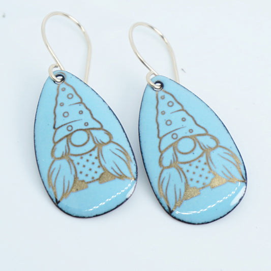 Gold Gnomes on Light Blue Enamel Teardrop Earrings