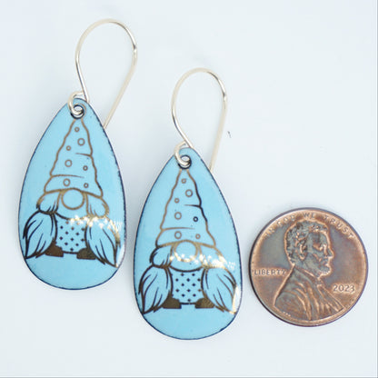 Gold Gnomes on Light Blue Enamel Teardrop Earrings