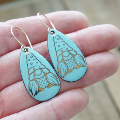 Gold Gnomes on Light Blue Enamel Teardrop Earrings