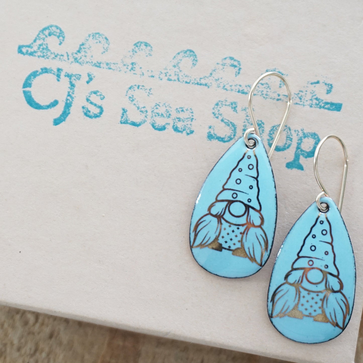 Gold Gnomes on Light Blue Enamel Teardrop Earrings