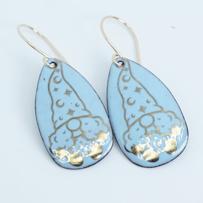 Gold Gnomes on Pale Blue Enamel Teardrop Earrings