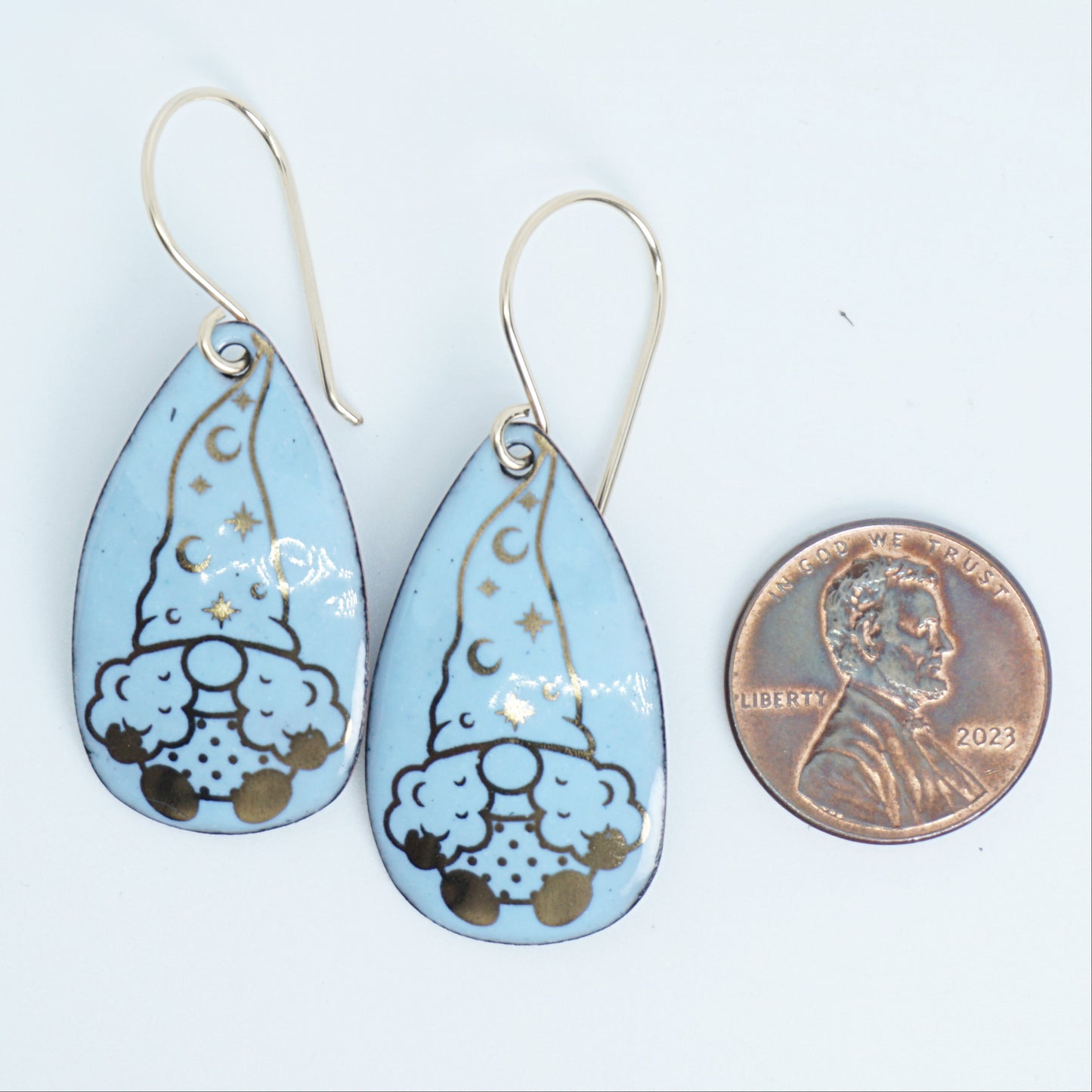 Gold Gnomes on Pale Blue Enamel Teardrop Earrings