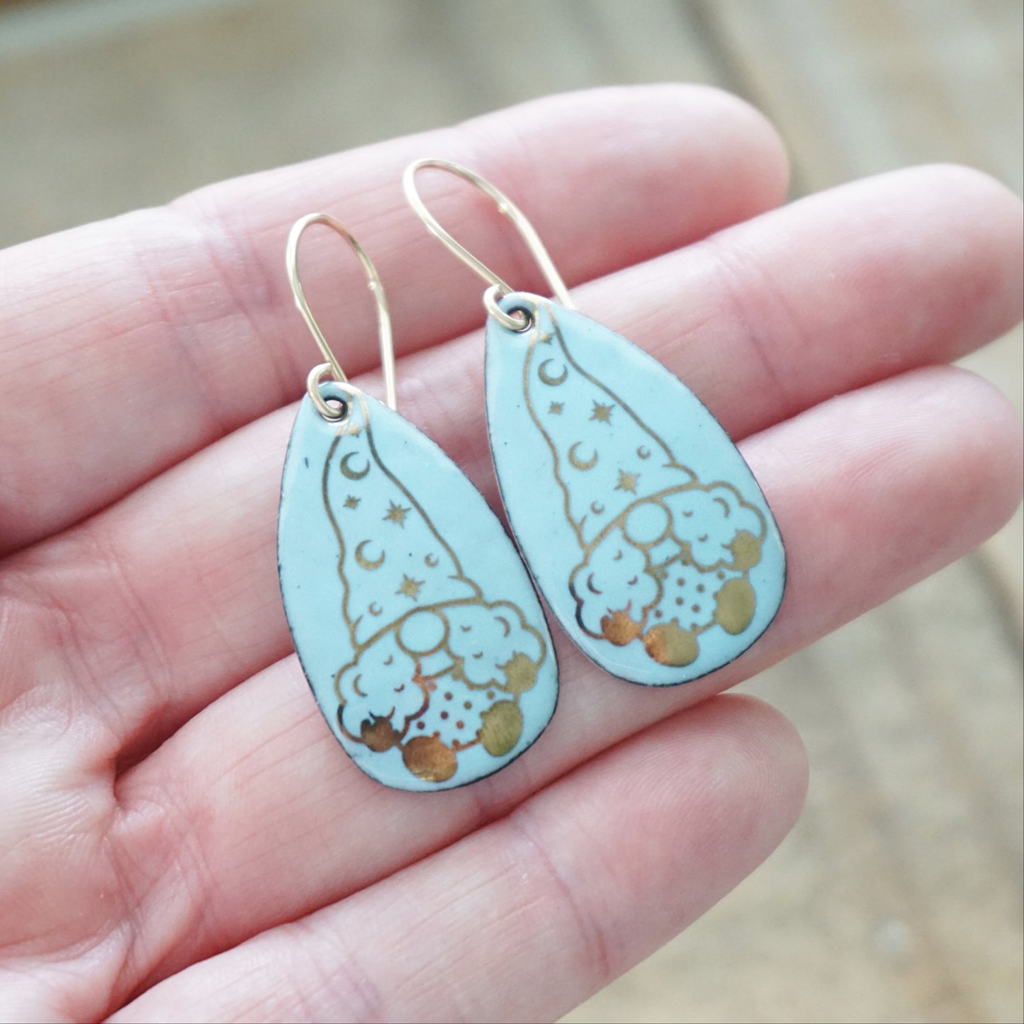 Gold Gnomes on Pale Blue Enamel Teardrop Earrings