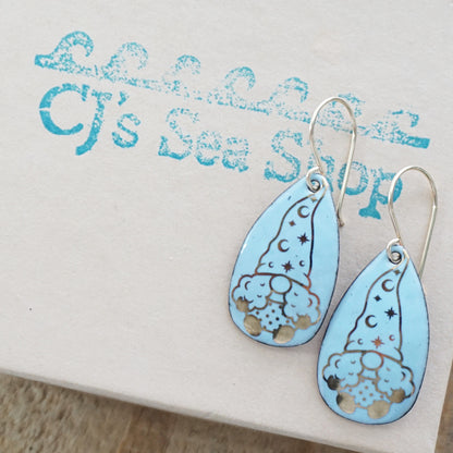 Gold Gnomes on Pale Blue Enamel Teardrop Earrings