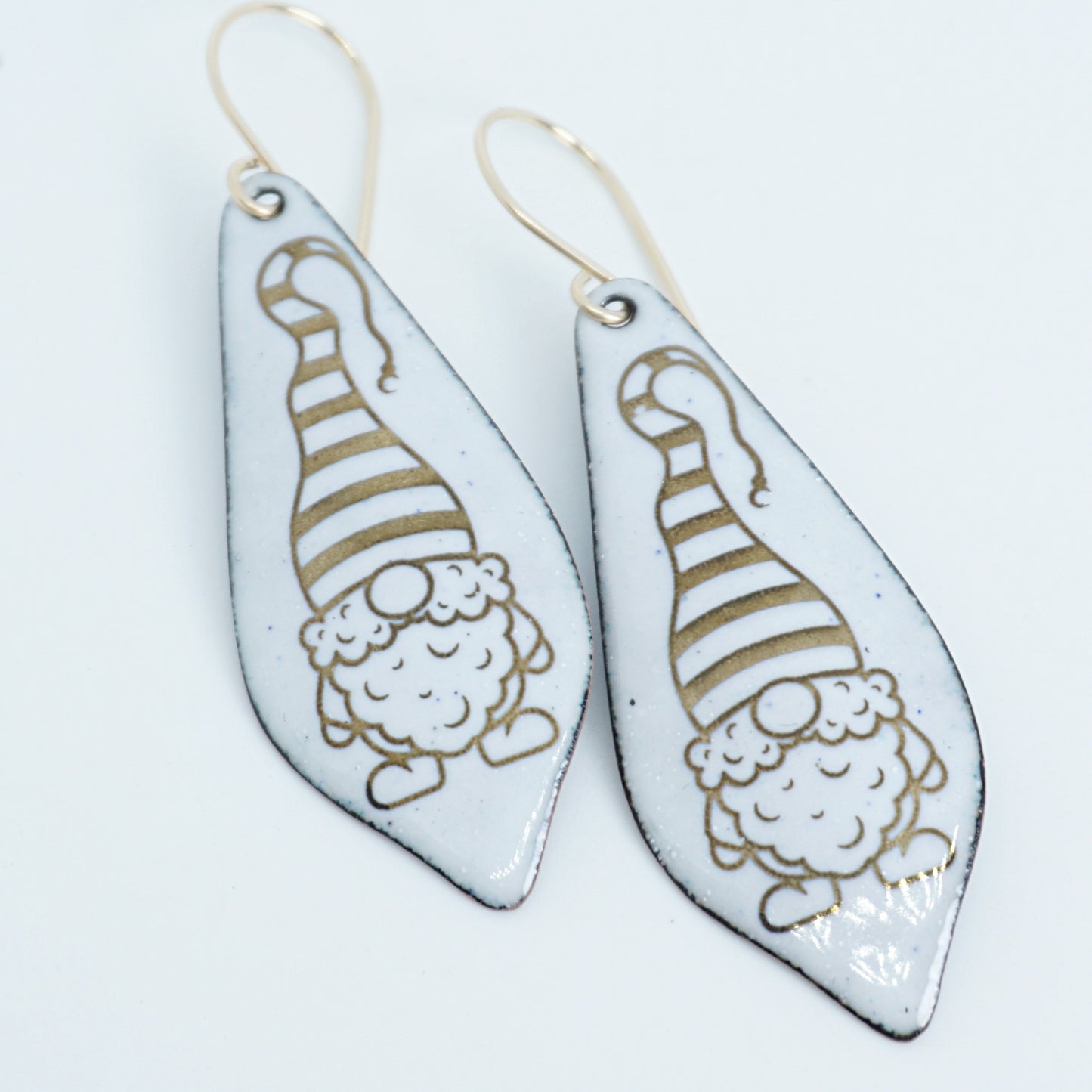 Gold Gnomes on White Enamel Moroccan Teardrop Earrings