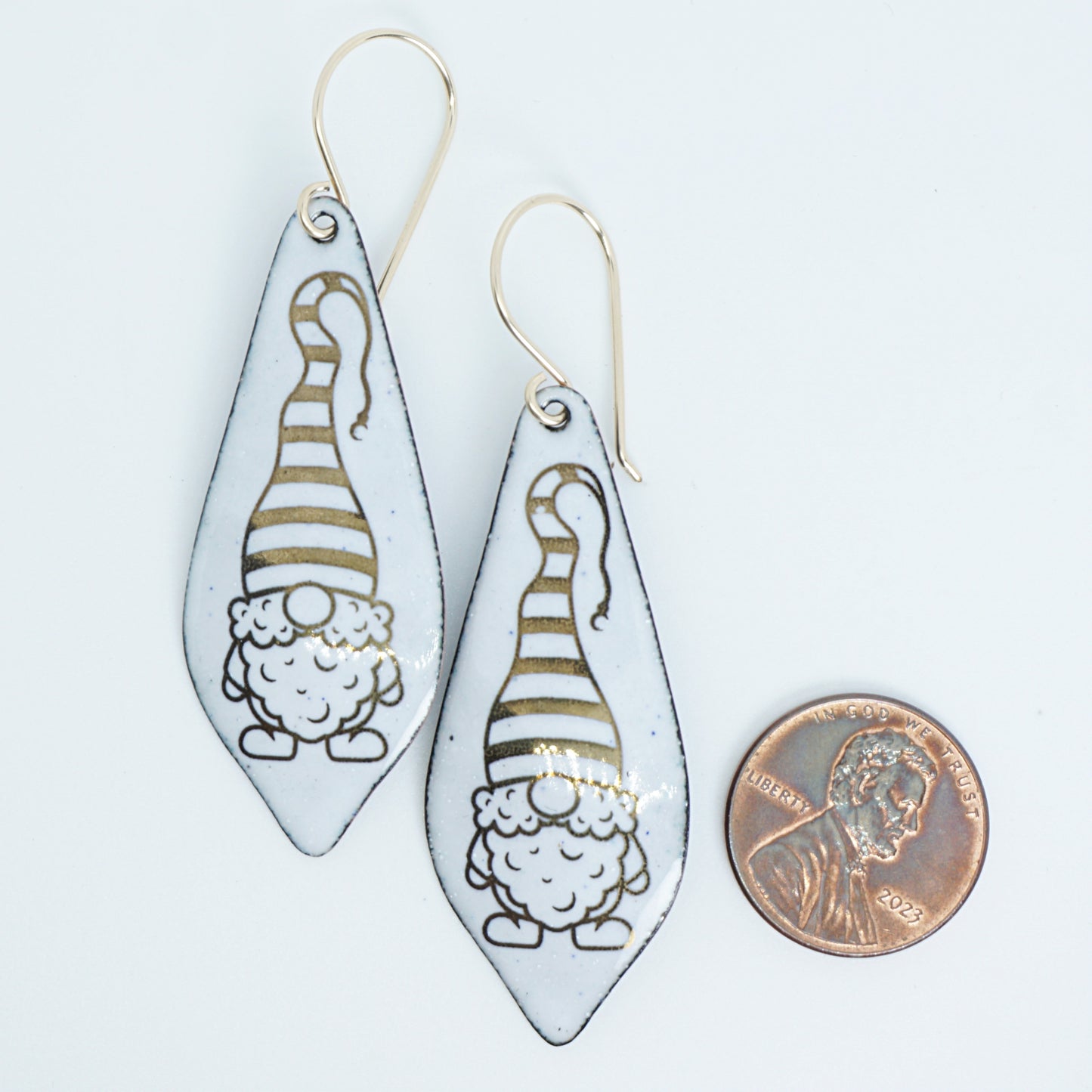 Gold Gnomes on White Enamel Moroccan Teardrop Earrings