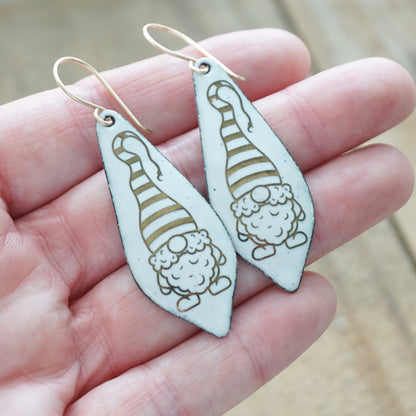 Gold Gnomes on White Enamel Moroccan Teardrop Earrings