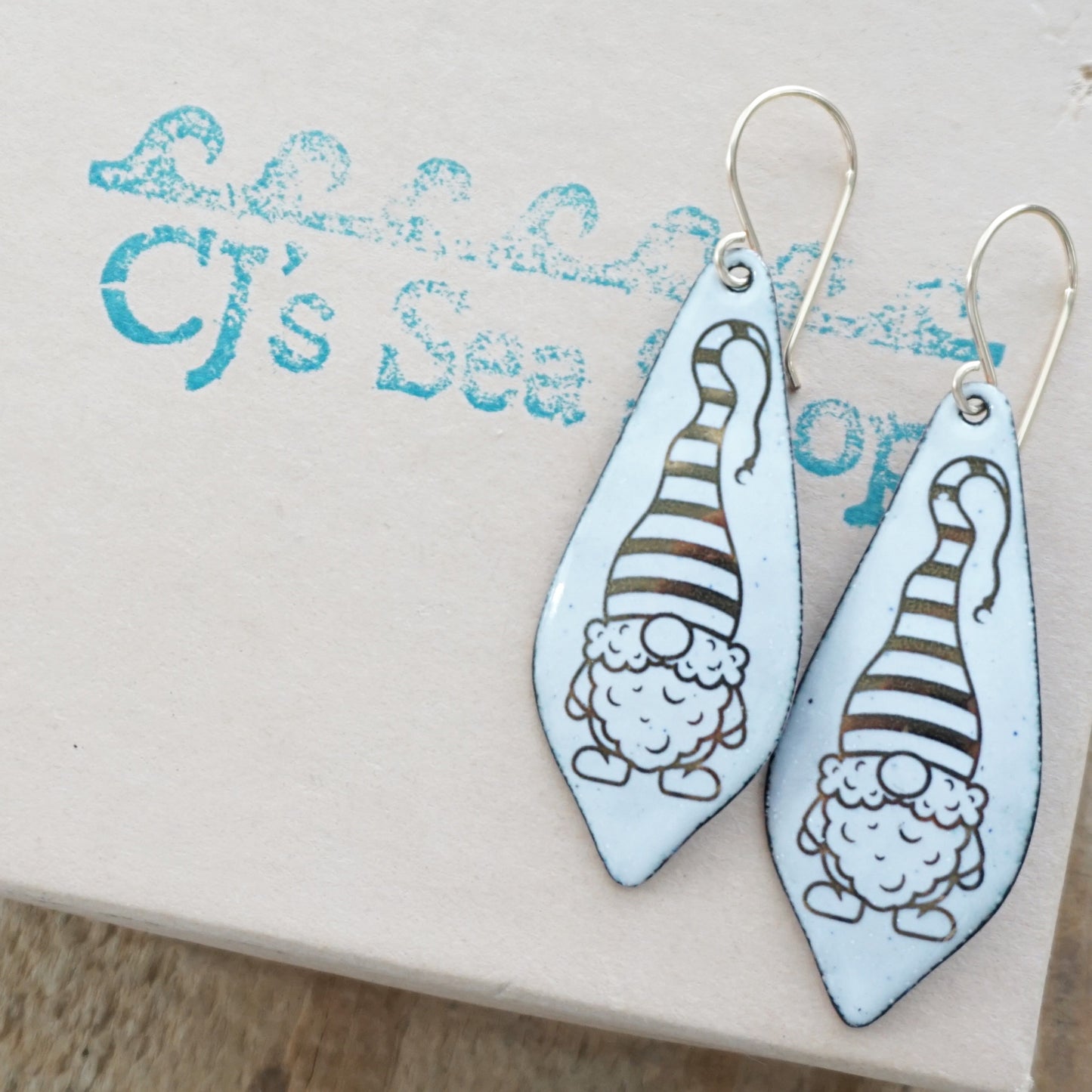 Gold Gnomes on White Enamel Moroccan Teardrop Earrings