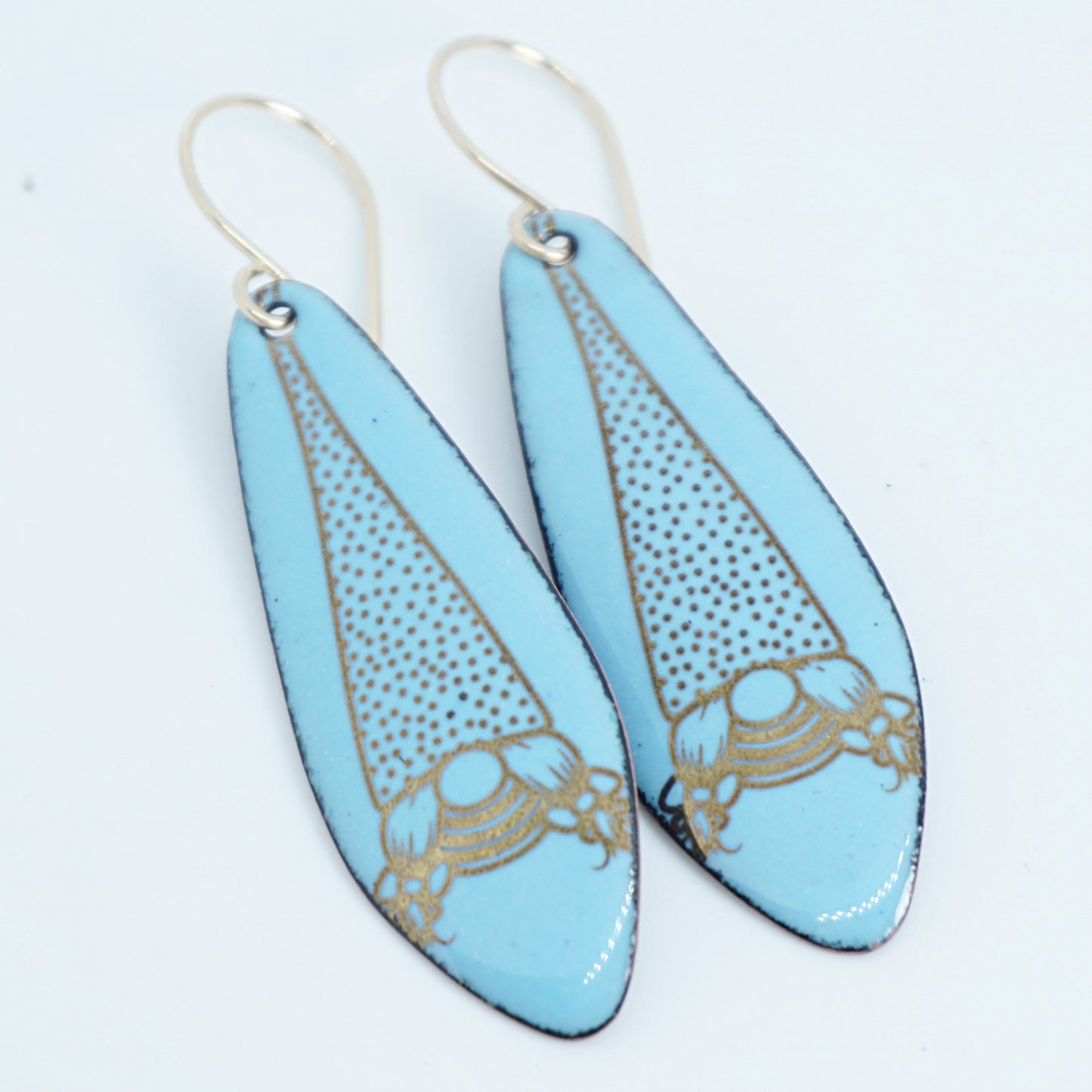 Gold Gnomes on Light Blue Enamel Teardrop Earrings