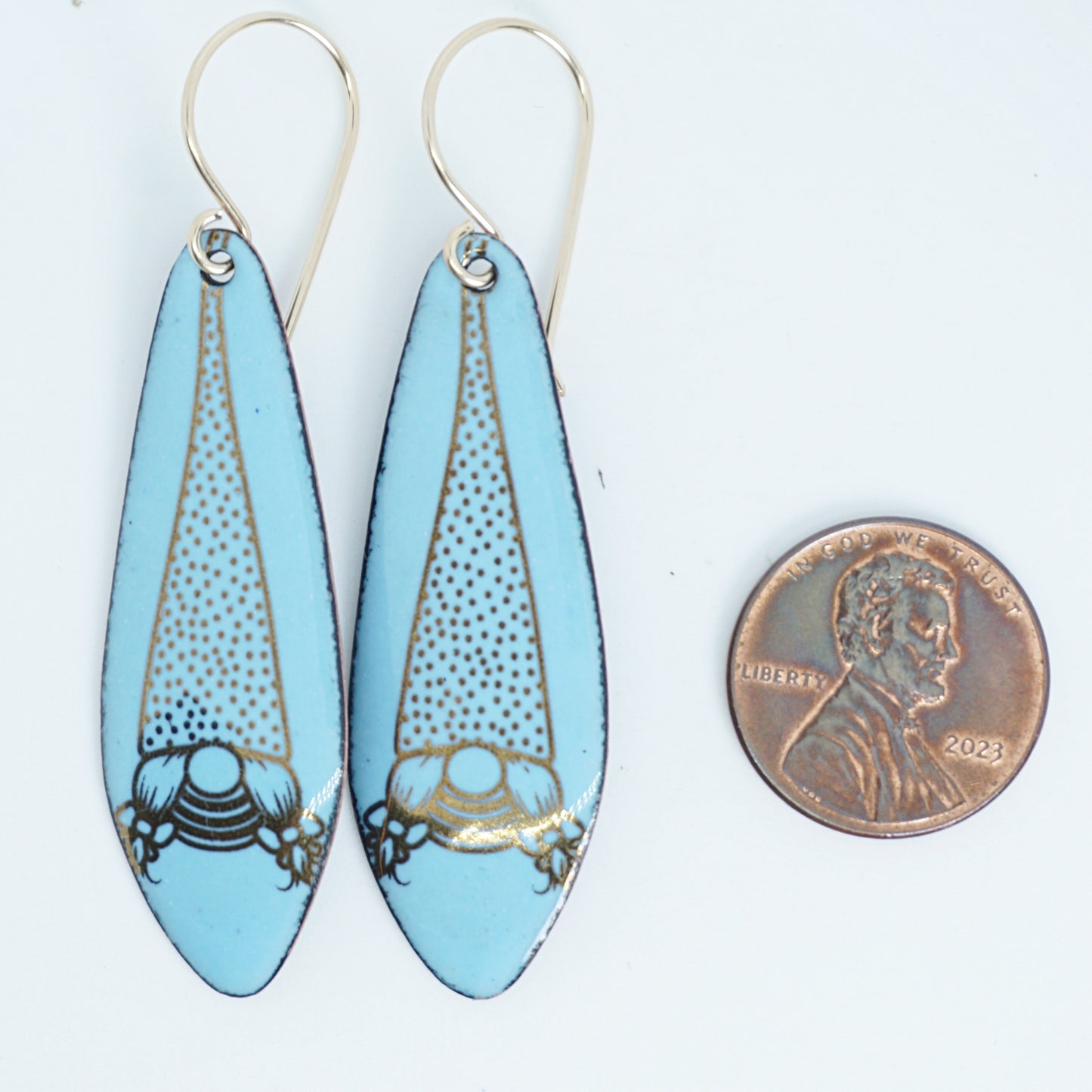 Gold Gnomes on Light Blue Enamel Teardrop Earrings