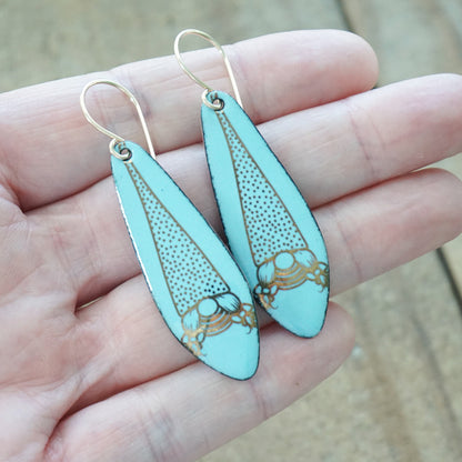 Gold Gnomes on Light Blue Enamel Teardrop Earrings