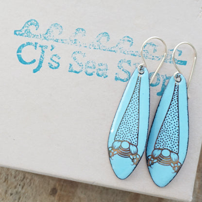 Gold Gnomes on Light Blue Enamel Teardrop Earrings